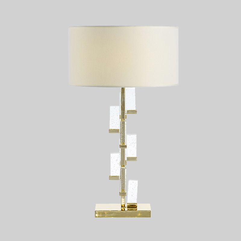 White Drum Shade Crystal Table Light Simplicity 1 Bulb Fabric Small Desk Lamp for Bedside