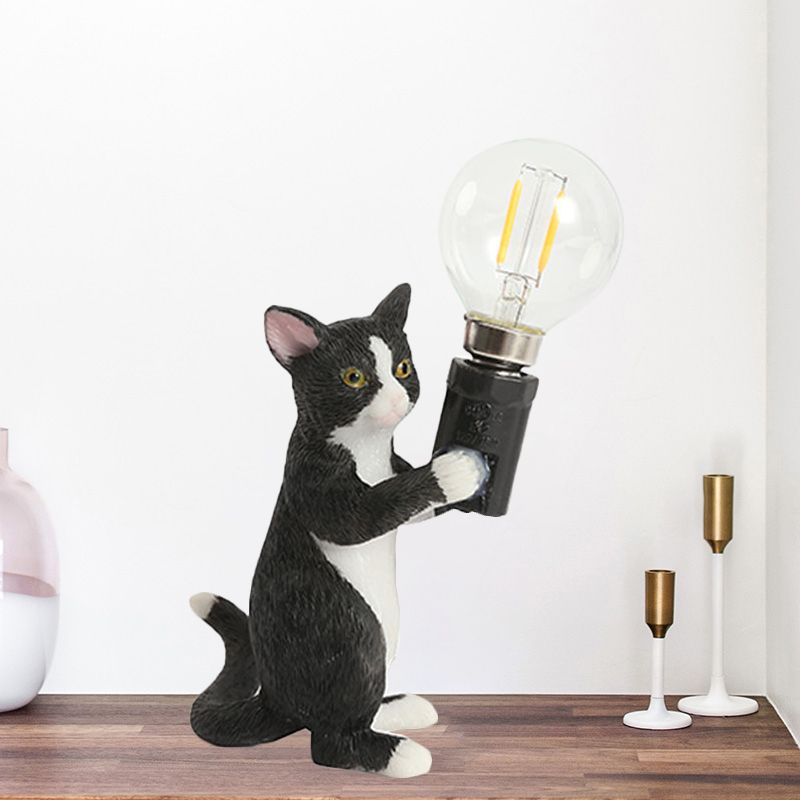 Tabby Cat Holder Table Lampe Kids Iron 1 ampoule Noir / Jaune / Blue Lumière de table de nuit avec design de bulbe nu