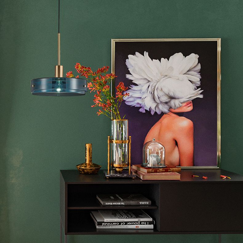 Dark Blue Cylindrical Glass Suspension Light Post-modern Style Minimalism Single Bulb Hanging Light