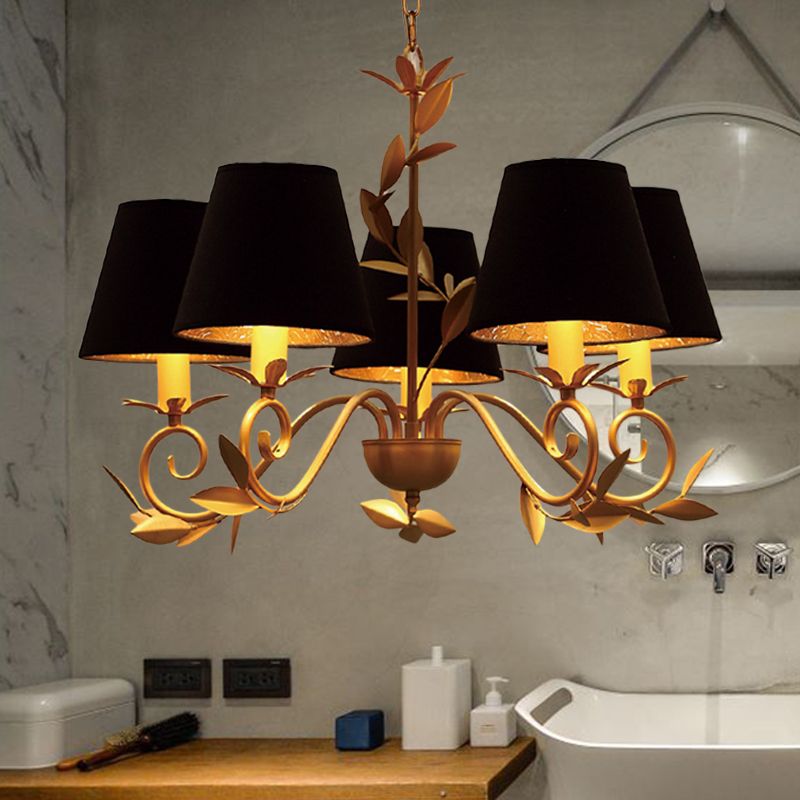5 Lights Cone Pendant Lighting Vintage Black Fabric Hanging Chandelier for Dining Room