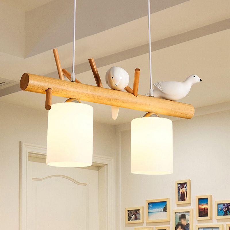 Modern Style Cylinder Shade Island Pendants 2-Lights Wood Pendant Lights for Dining Room