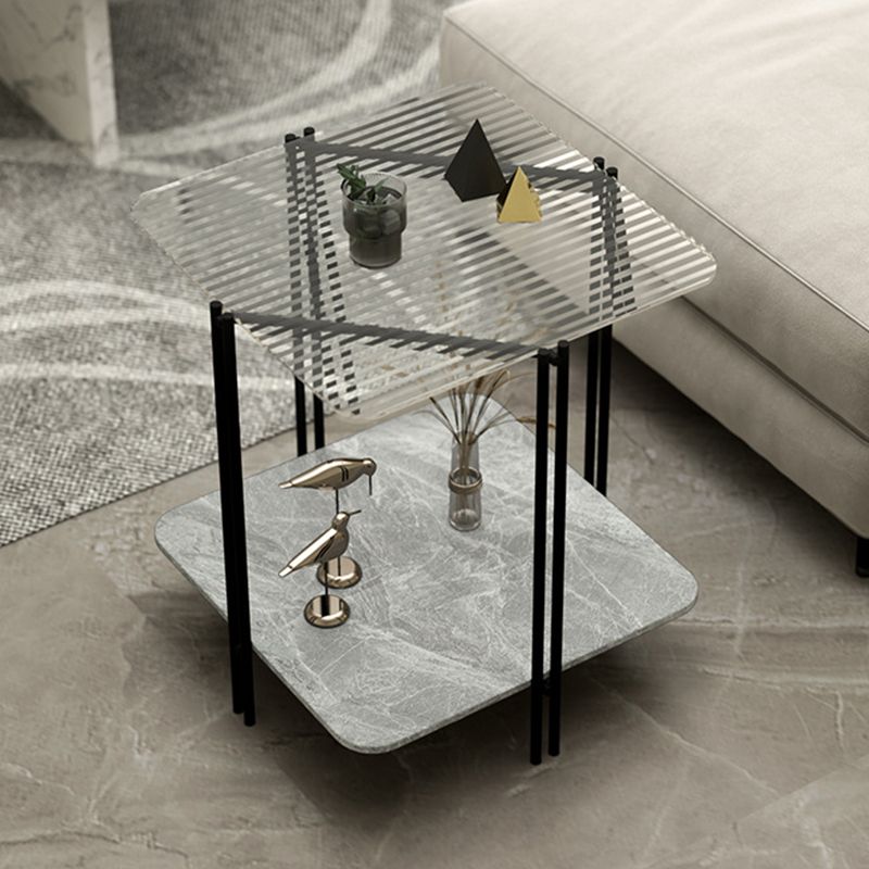 Modern Square Glass Side Table 23.62" Tall 4 Legs Shelf Included End Table