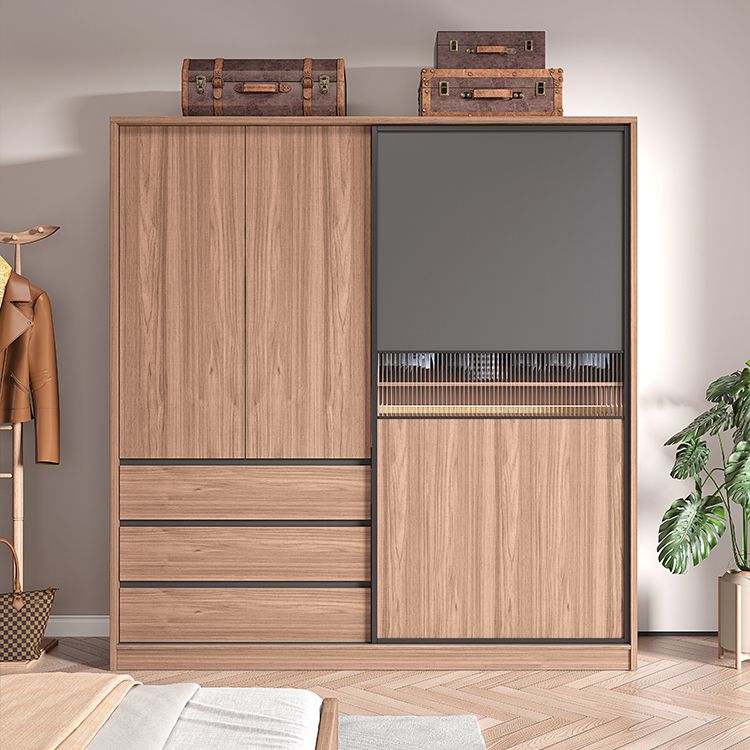 Contemporary Freestanding Wardrobe Armoire Brown Wood Wardrobe with Drawers
