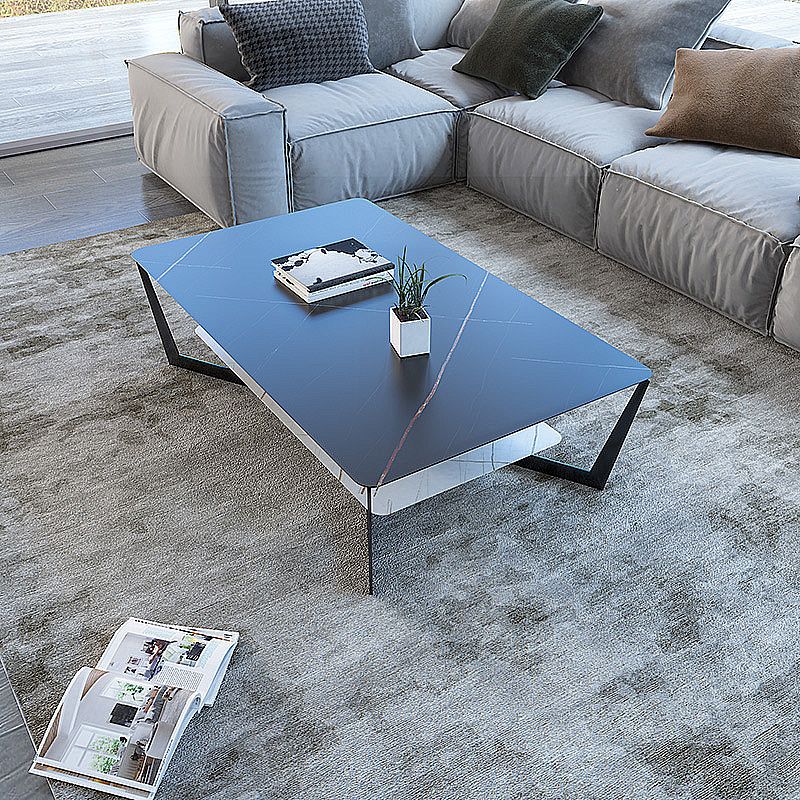 Modern Style Cocktail Table Rock Slate Top with Storage Rack Rectangular Coffee Table