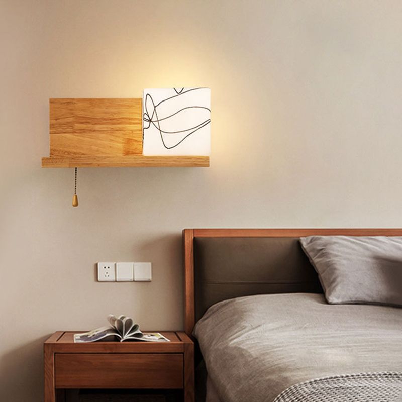 Contemporary Wall Light Fixture Wooden Wall Light Sconce with Glass Shade for Bedroom