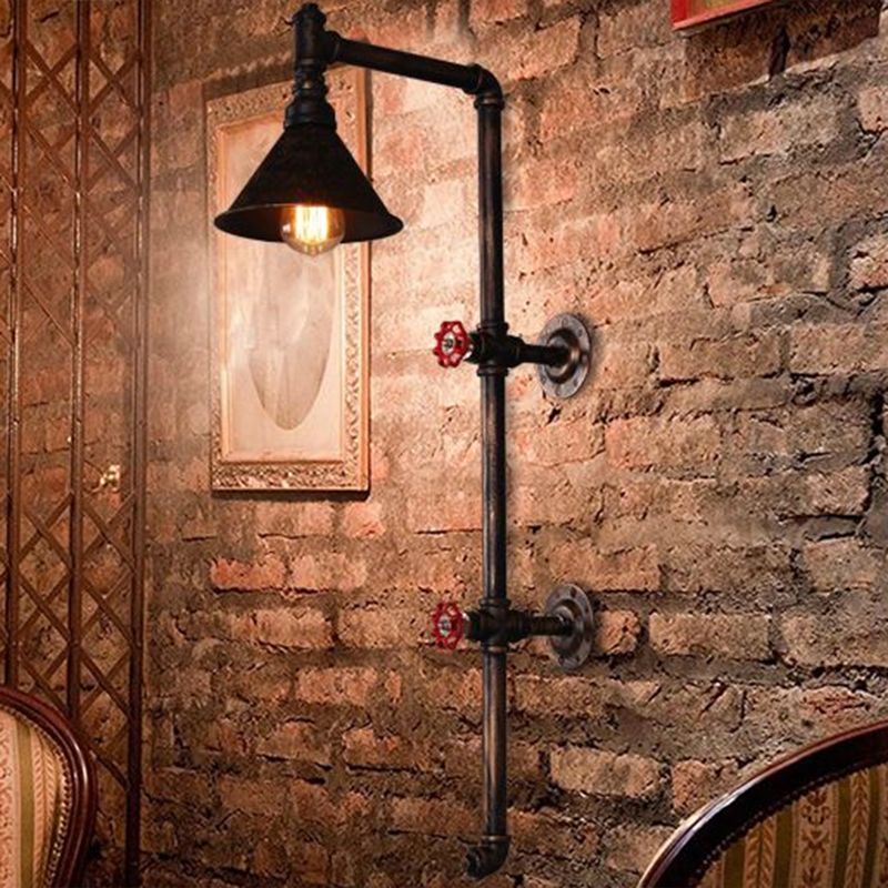 Single Wall Mount Light Industrial Funnel Iron Wall Light Fixture with Decorative Water Valve in Rust