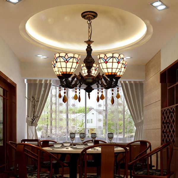 Domed Inverted Chandelier Retro Style Stained Glass 5 Lights Hanging Pendant with Tulip Pattern