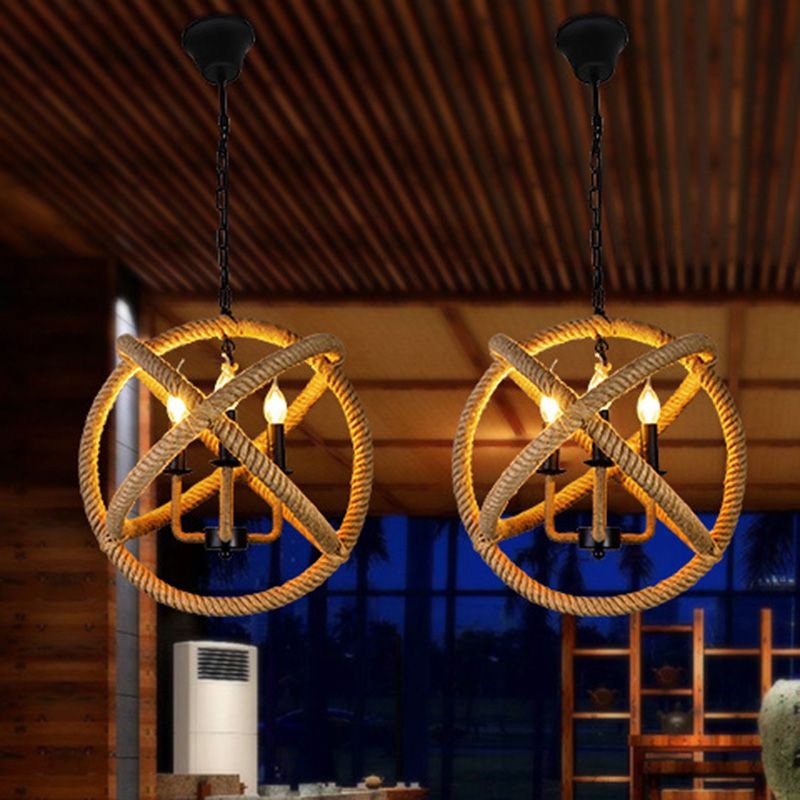 Hemp Rope Yellow Chandelier Light Orbit Globe 3-Light 14"/16.5"/20.5" Wide Farmhouse Pendant Lighting Fixture