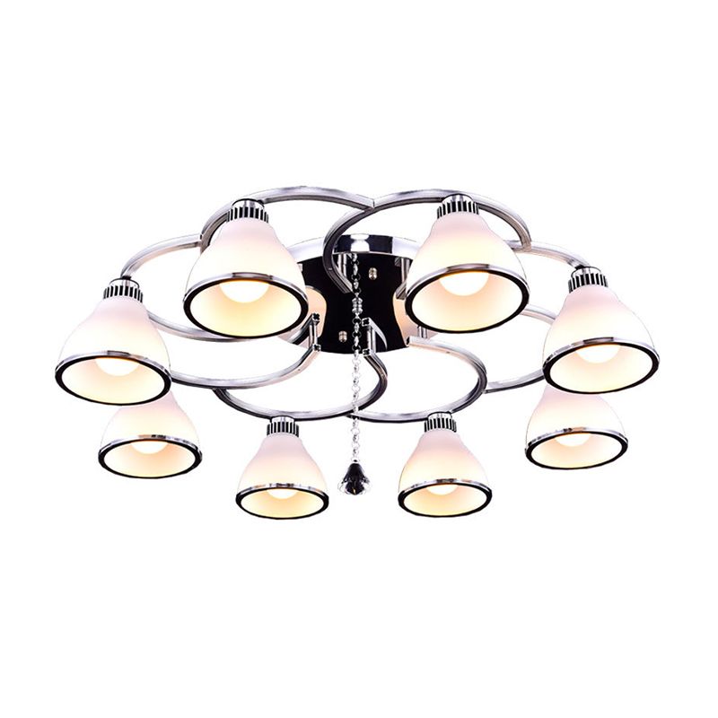 Contemporary Conical Opal Glass Semi Flush Light Crystal 8 Lights Living Room Semi Flush Mount in Chrome