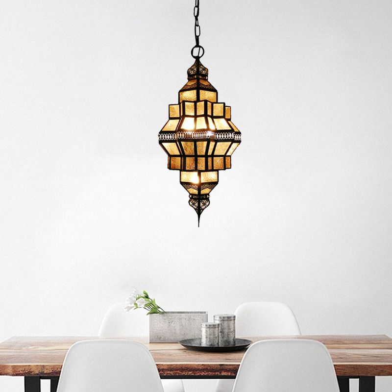 4-Light Hanging Lamp Decorative Restaurant Chandelier with Lantern Amber Glass Shade in Gold