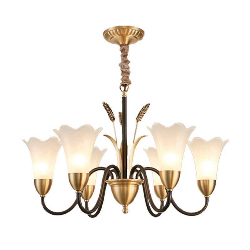 Country Style Mini Flower Pendulum Light 6/8 Bulbs Frosted Glass Hanging Chandelier with Scroll Arm in Black and Gold