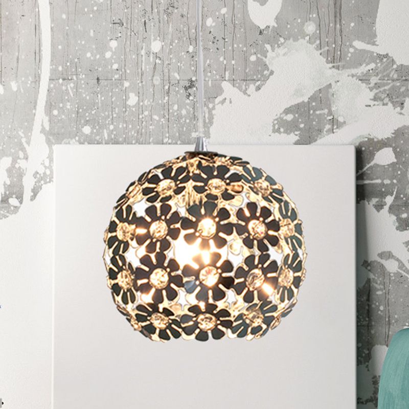 Floral Globe Shade Hanging Light Fixture Contemporary Aluminum 1 Light Chrome Suspension Lamp with Crystal Accent