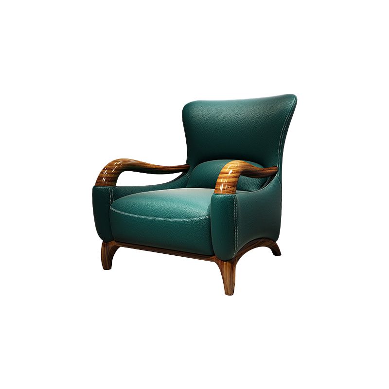Traditional Wood Living Room Armchair Real Aniline Leather Accent Armchair