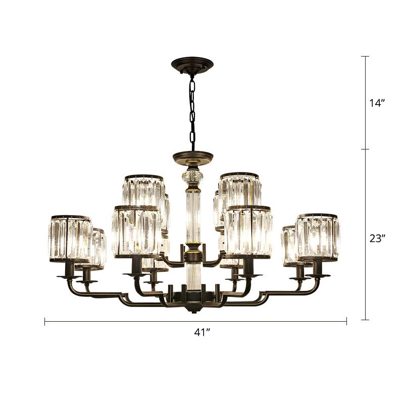 Black Finish Pendant Lamp Minimalist Crystal Cylinder Hanging Chandelier for Bedroom