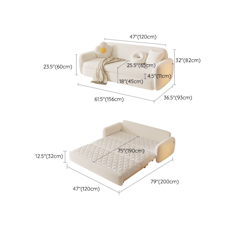 Glam White Wool Futon Sleeper Sofa with Storage in Solid Wood