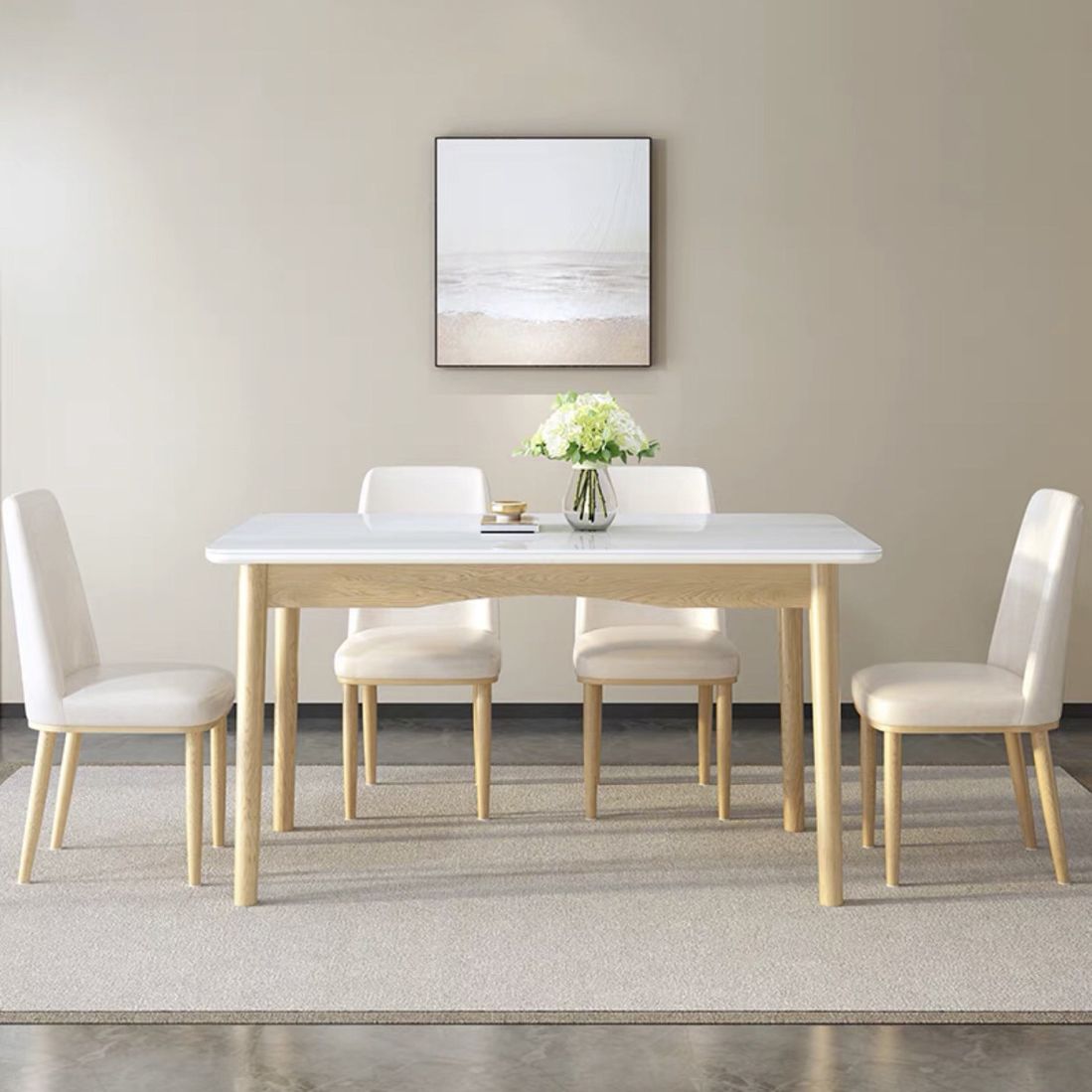 Fixed Minimalist Sintered Stone Top Kitchen Table Set of Light Brown Legs Base for Dining Room