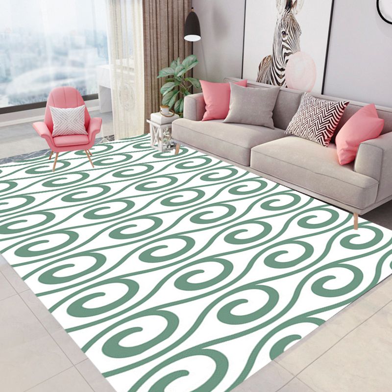 Modern Living Room Rug in White and Green Curved Line Print Rug Polyester Pet Friendly Area Rug