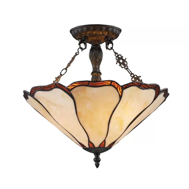 Stained Glass Ceiling Light with LED Light, 2-Lights Cone Semi Flush Mount Lighting Tiffany Style, 14" W