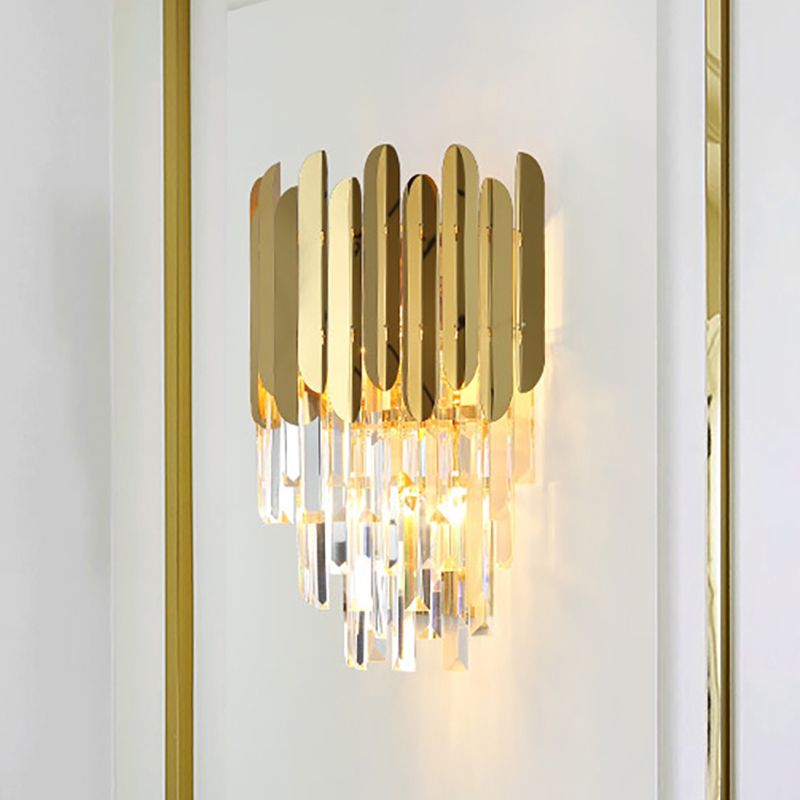 Layered Wall Light Fixture Modernist Metal 1 Light Brass Wall Lamp with Clear Crystal Block for Bedside