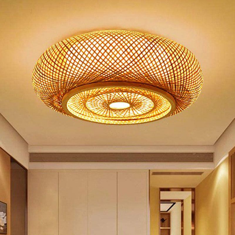 Lámpara de techo empotrada en tambor redondeada, accesorio de iluminación de bambú contemporáneo para dormitorio individual, montaje empotrado en madera