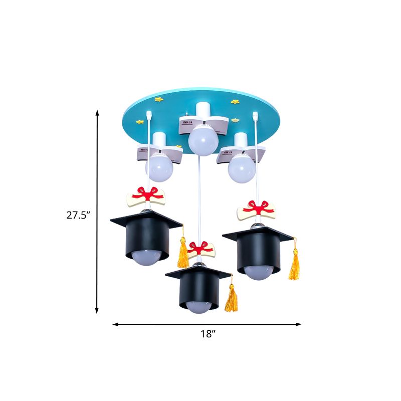 Square Academic Cap Resin Ceiling Light Kids 3 Lights Light-Blue Flush Mounted Lamp for Children Bedroom