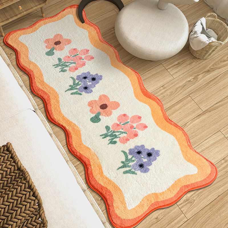 Orange Modern Carpet Flower Pattern Polyester Area Rug Non-Slip Backing Rug for Bedroom
