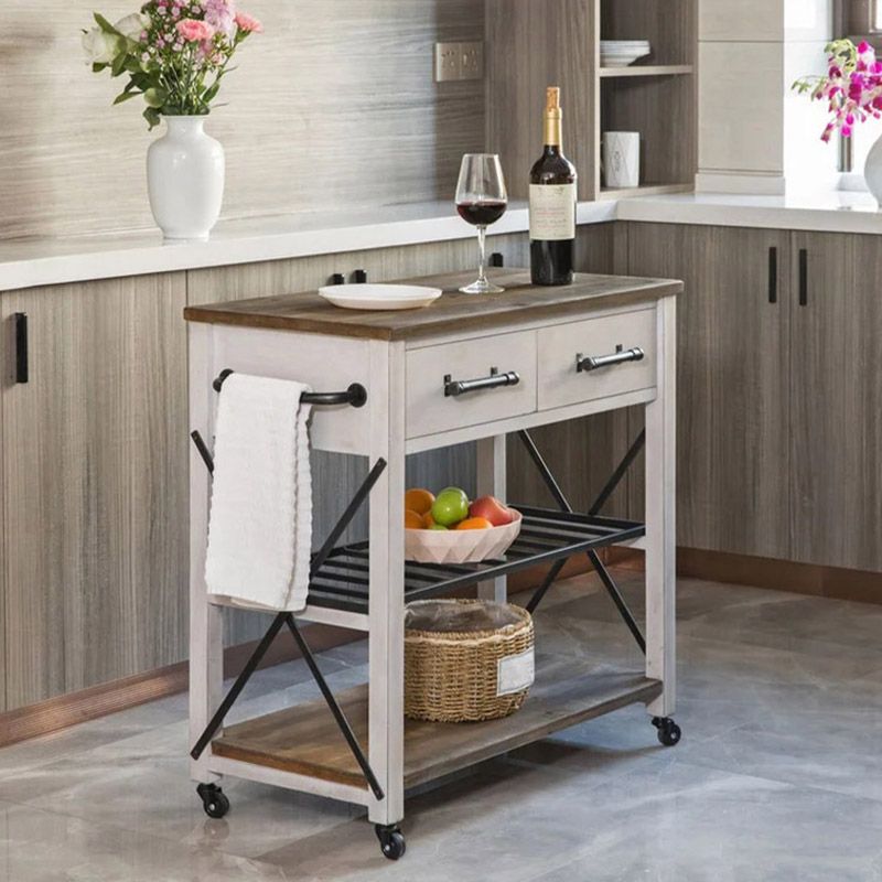 Solid Wood Kitchen Island Modern Rolling Kitchen Trolley with Towel Rack