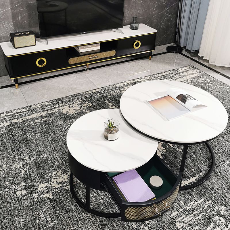 Modern Metal Frame Storage Coffee Table White Slate Round Table