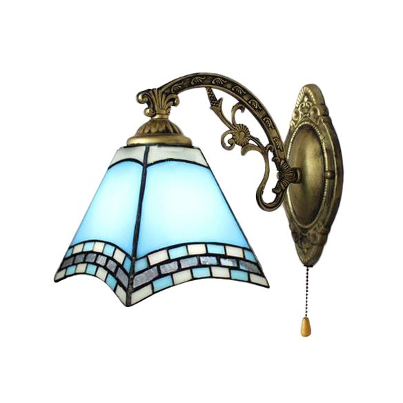 Mediterranean Pyramid Wall Lamp Blue Glass 1 Light Wall Mount Light with Pull Chain