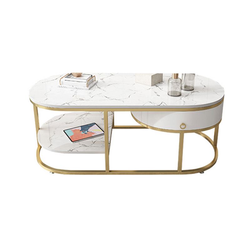 Glam Style Cocktail Table with Shelf and Drawer Stone Ova Top Coffee Table