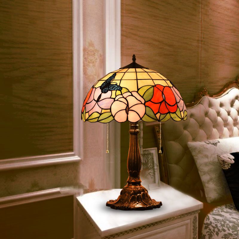 Lampada notturna in bronzo in bronzo in vetro colorato emisferico a 2 teste Light da tavolo con catena a trazione
