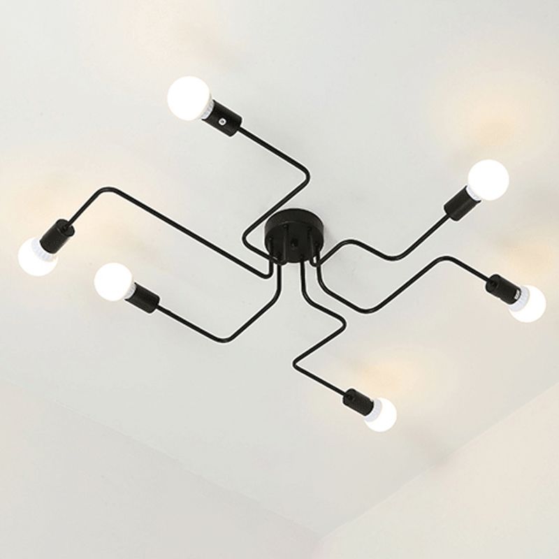 Loft Industrial Exposed Semi Flush Light Fixture 4/6-Head Metallic Ceiling Light Fixture in Black/White for Living Room
