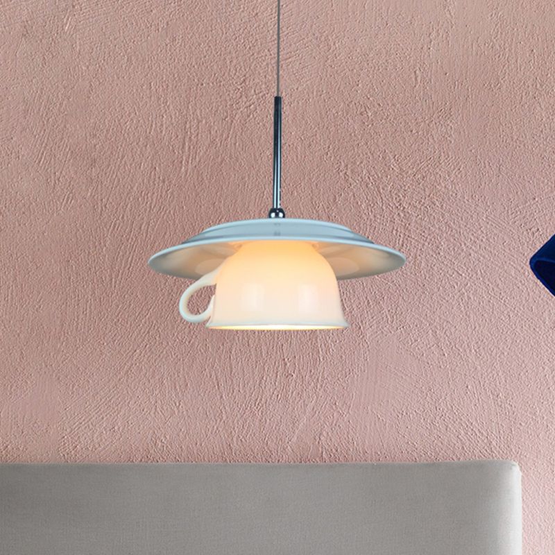 Ceramics Coffee Cup Hanging Light Kit Nordic 1-Head White Drop Pendant Lamp with Light Green Plate Top