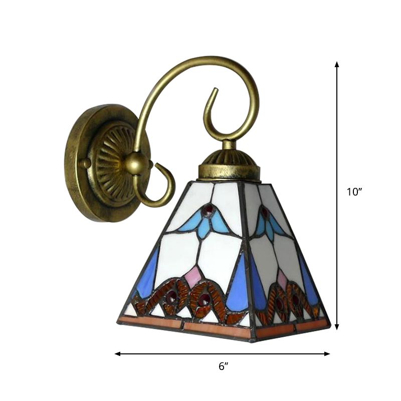 1 Head Pyramid Wall Light Fixture Tiffany Blue Stained Glass Sconce Light with Scrolling Arm