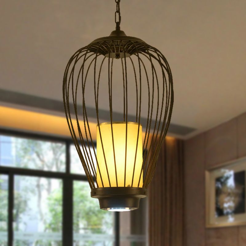 Caged Dining Room Ceiling Lighting Metal 14"/18" W 1 Head Modern Style Suspension Lamp with Cylinder Fabric Shade
