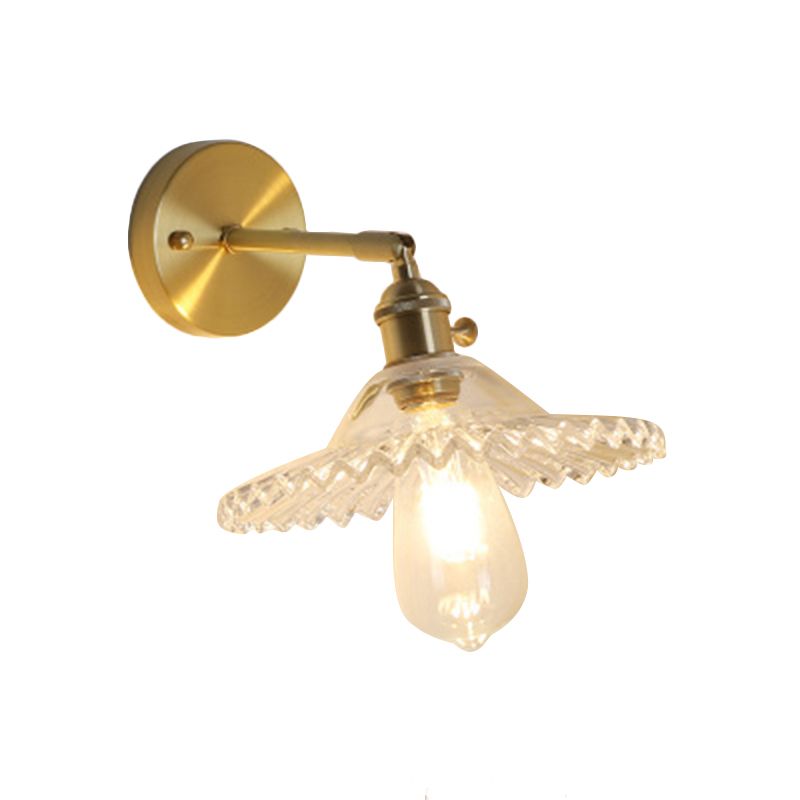 1 Light Clear Glass Wall Sconce Light Industrial Brass Scalloped Living Room Lighting Fixture