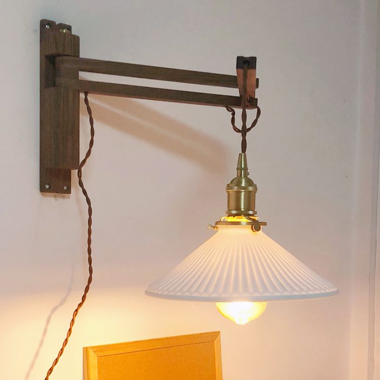 Pleated Shade Wall Lamp Japanese Style Wood 1-Light Rotatable Reading Wall Light