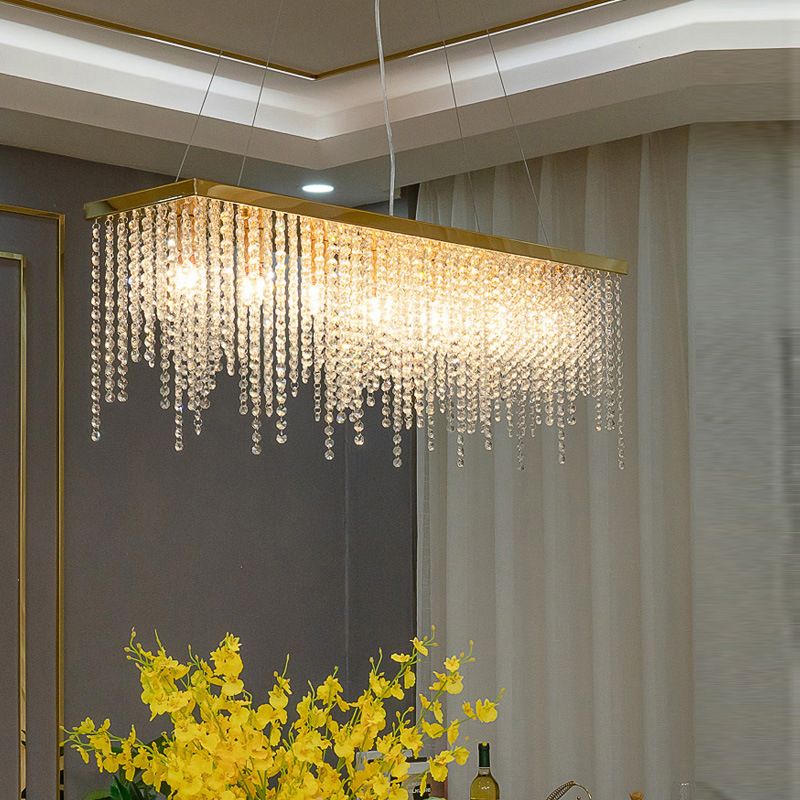 Rectangle Crystal Tassel Island Light Contemporary Style Lighting Fixture in Gold for Dining Room