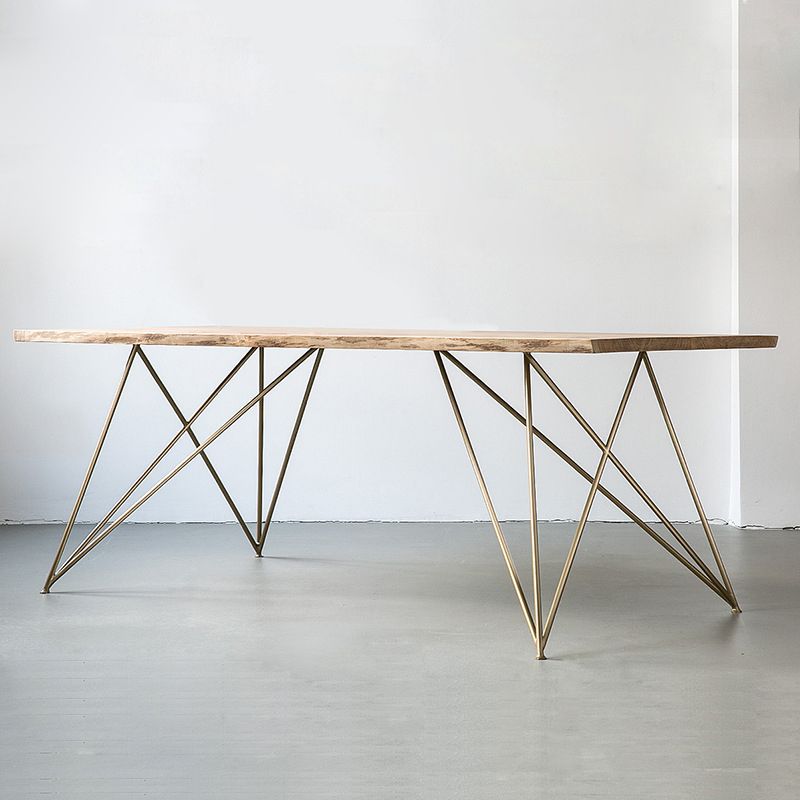Wood Top Dining Table Industrial Rectangle Table with Double Pedestal Base