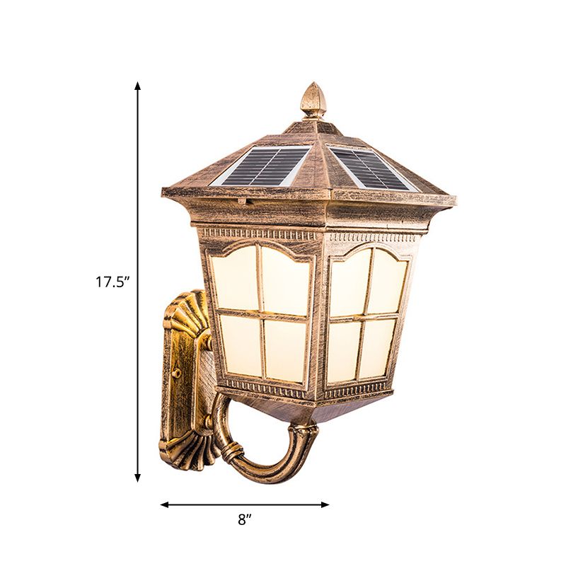 Antiqued Style House Lantern Wall Light Frosted Glass Solar LED Wall Sconce in Brass, Small/Large