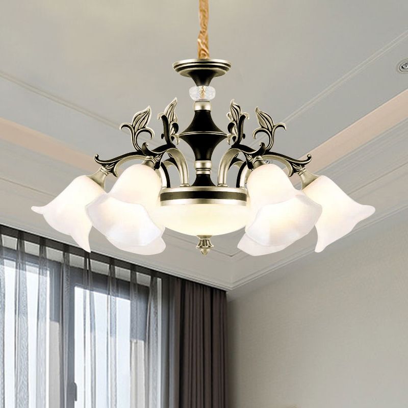 Metallic Black-Gold Suspended Lighting Fixture Curvy Arm 6/8-Light Traditional Style Chandelier with Flower Glass Shade