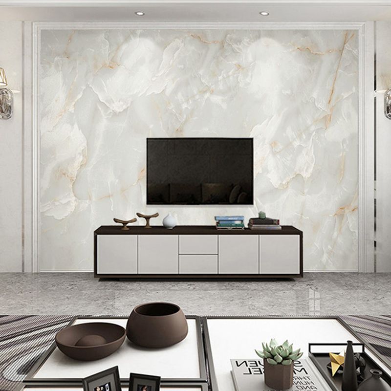 Contemporary Marble Wall Covering in Yellow and White Bedroom Mural Wallpaper, Custom-Printed