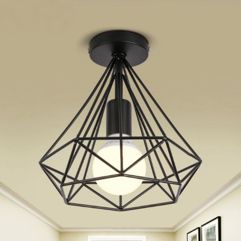 Iron Wire Diamond Ceiling Flush Light Vintage 1-Light Passage Flush Mount Lamp in Schwarz
