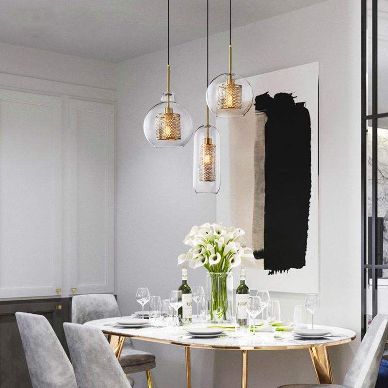 Brass 1 Light Hanging Pendant Light Modern Minimalist Clear Glass Dining Table Hanging Lamp