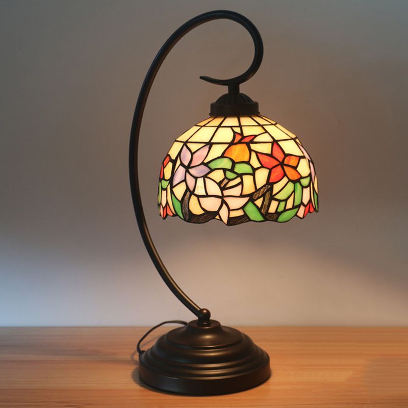 Pink/Orange 1-Head Desk Light Tiffany Hand Cut Glass Bowl Shape Night Table Lamp with Blossom Pattern for Bedroom