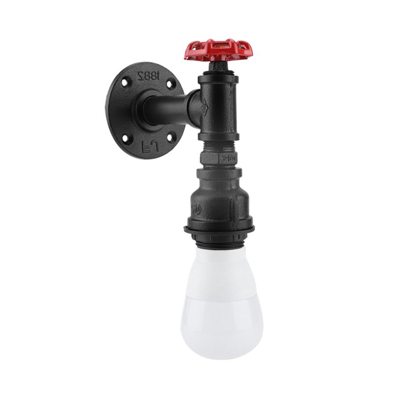 Black 1 Bulb Wall Sconce Farmhouse Iron Piping Wall Mount Lighting with Red Valve Deco for Corner