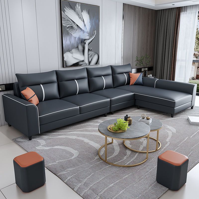 Modern Faux Leather Sectional with Chaise and Pillow Back for Living Room