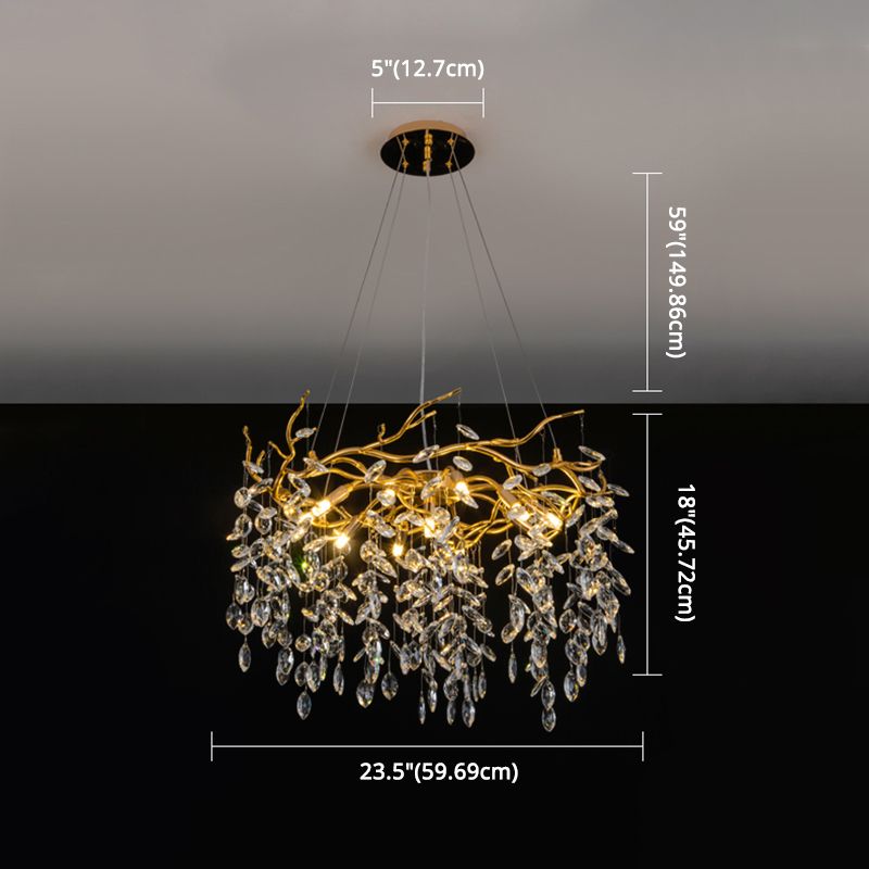 Branches d'aluminium dorées en forme de lustre en cristal transparent gouttes rustiques style pendentif vintage