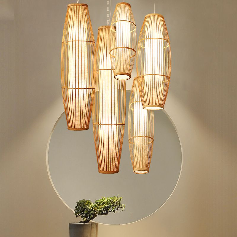 Chinese Elongated Pendant Lighting Fixtures Rattan Hanging Light with Hanging Cord for Restaurant