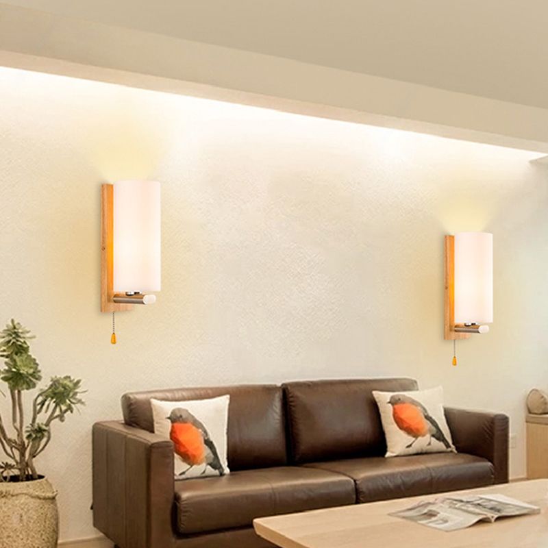 Nordic Style Wooden Wall Lamp White Cylindrical Shade Simplicity Lighting Fixture with Hand Pull Switch